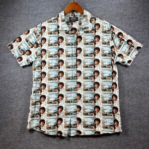 Bob Ross Button Up Shirt Men's Large White Geometric AOP SS Casual Fun Party